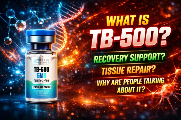 TB-500 research peptide vial with dosage and benefit information