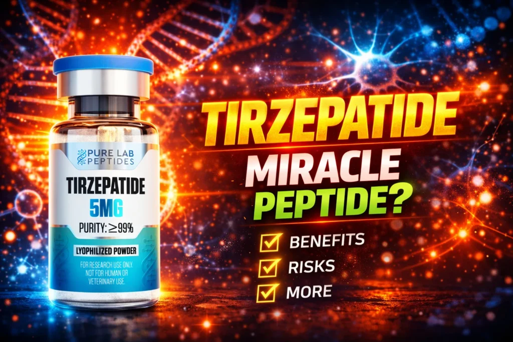 Tirzepatide research peptide vial with dosage and benefit information