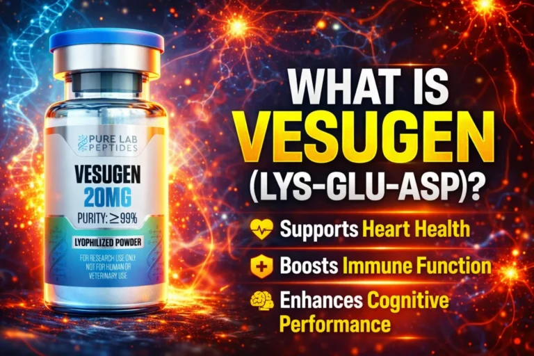 Vesugen research peptide vial with dosage and benefit information