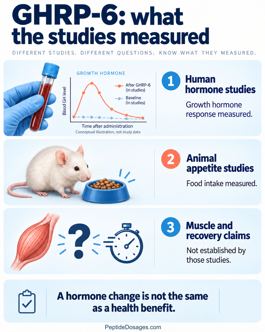 GHRP-6 evidence summary: human studies measured hormone responses, mouse research measured appetite, and these findings do not establish muscle or recovery benefits.