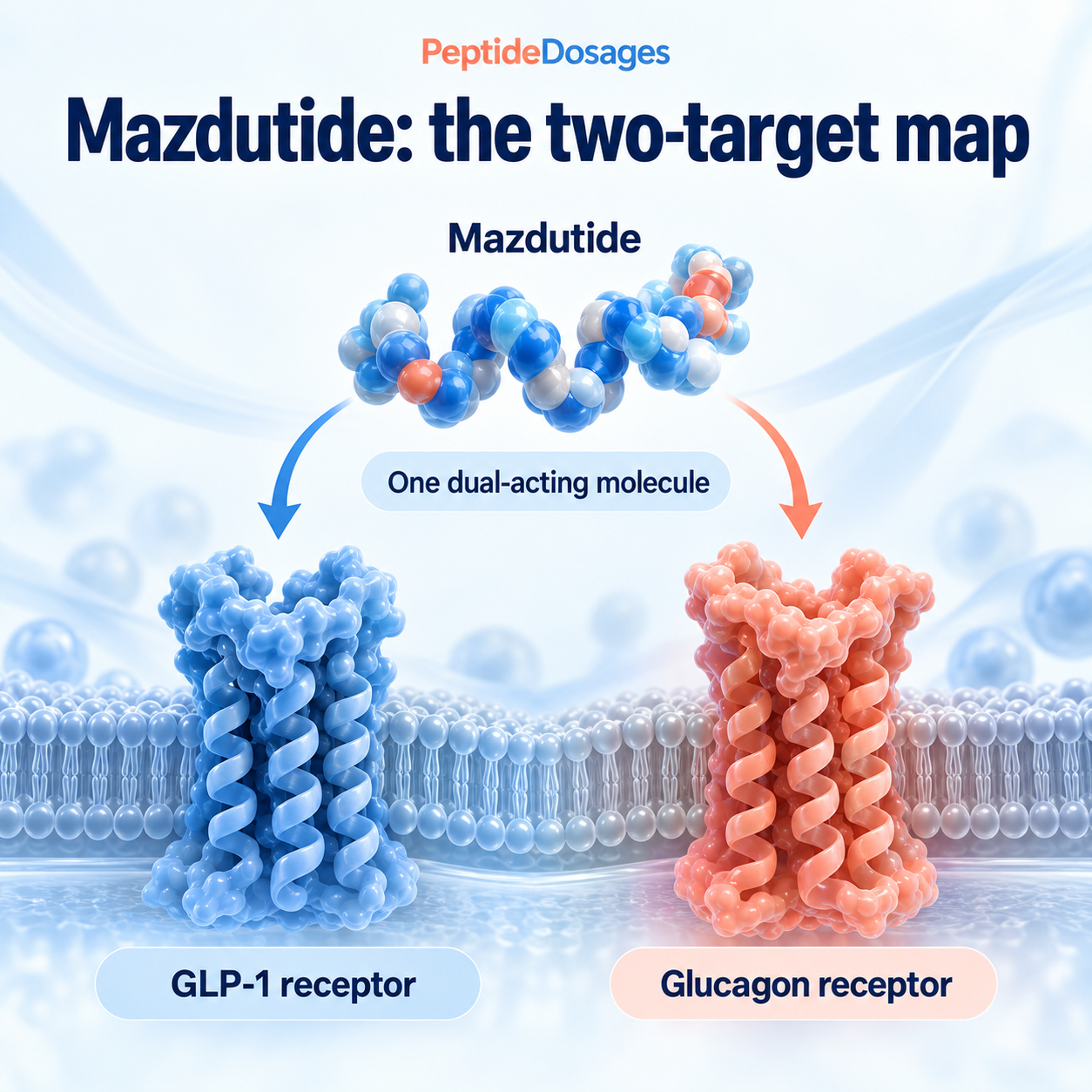 Mazdutide acts at GLP-1 and glucagon receptors, two targets reached by one molecule.
