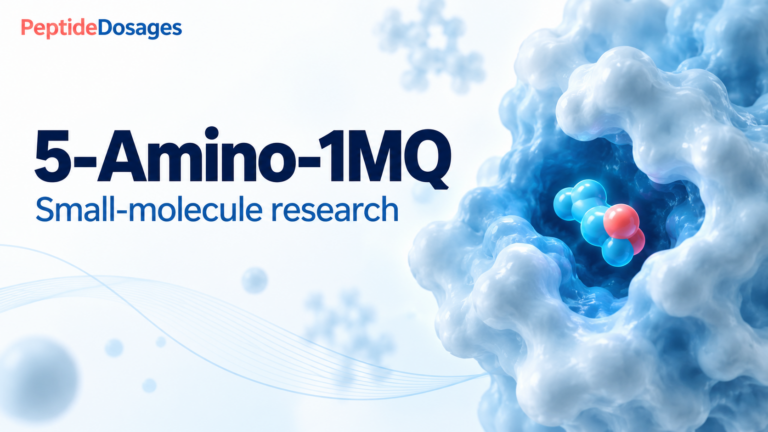 5-Amino-1MQ small-molecule research, with a conceptual enzyme and small-molecule illustration.