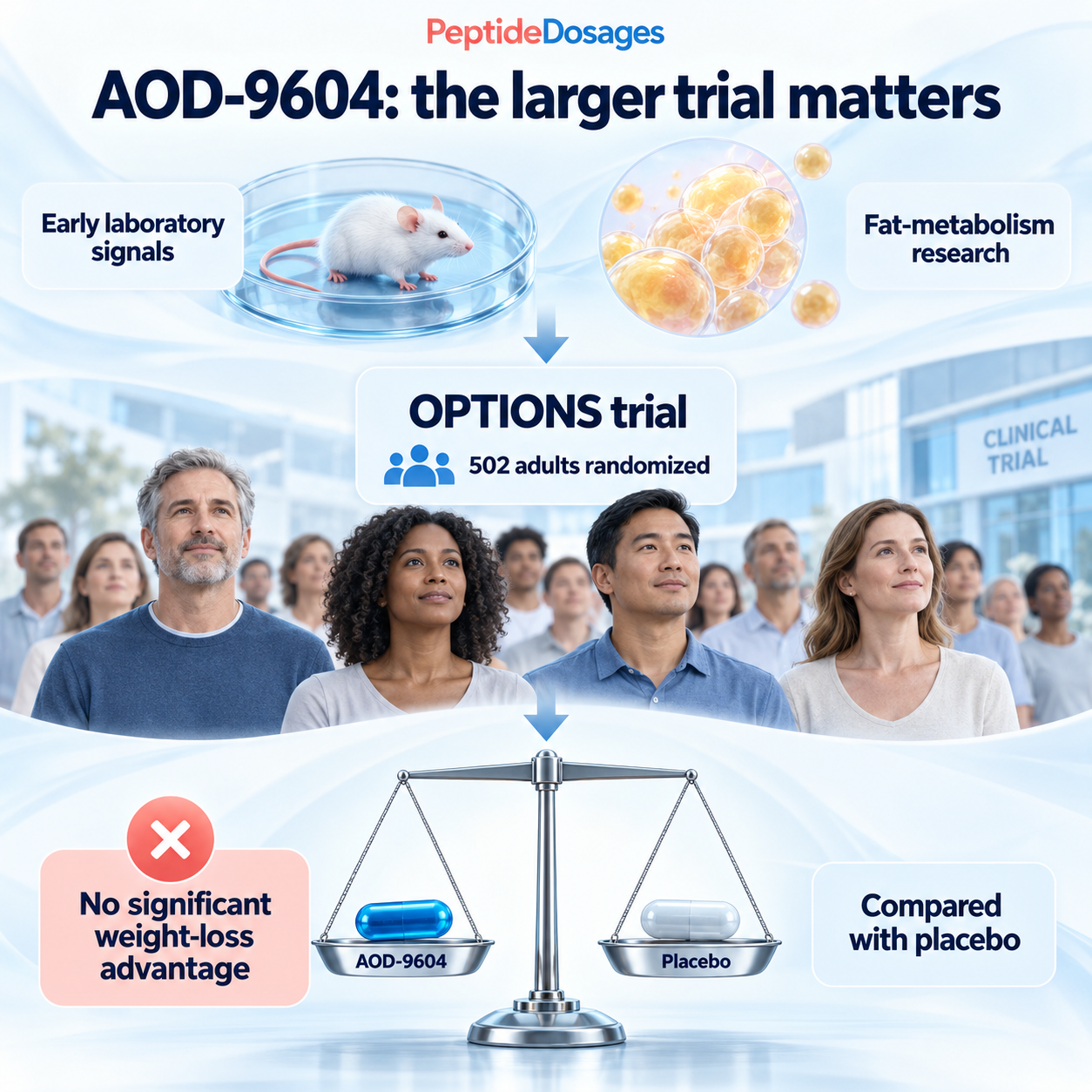 Early AOD-9604 laboratory findings led to further research, but the OPTIONS trial randomized 502 adults and did not find a significant weight-loss advantage over placebo.