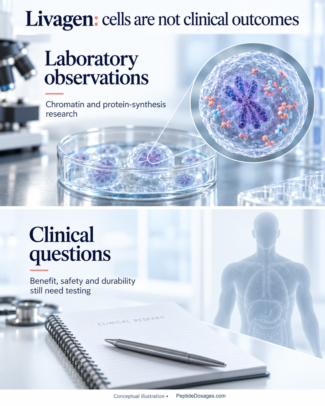 Conceptual comparison of Livagen laboratory observations with the separate clinical questions of benefit, safety and durability.