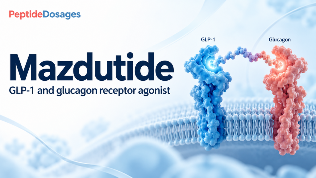 Mazdutide research illustration showing its GLP-1 and glucagon receptor targets.