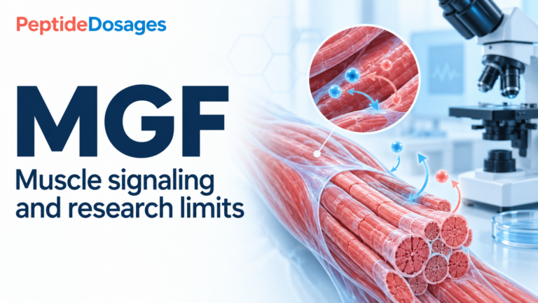 MGF muscle signaling research illustration with muscle fibers and a microscope.