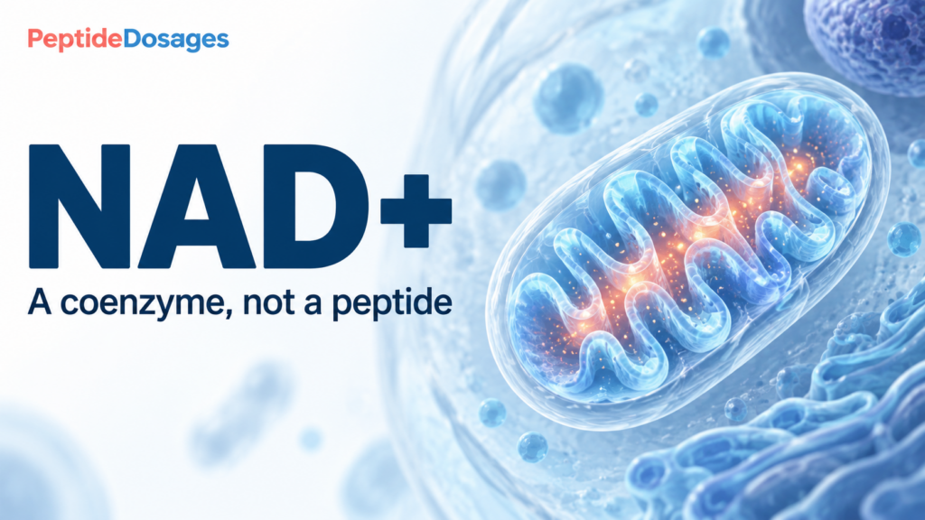 NAD+ is a coenzyme, not a peptide, illustrated with a cell and mitochondrion.