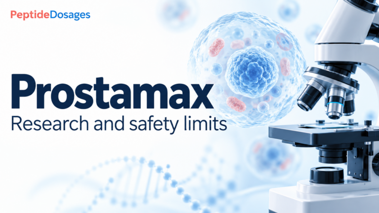 Prostamax research and safety limits, illustrated with a microscope and a cell.