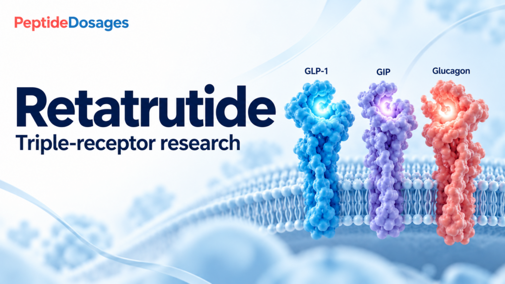 Retatrutide research illustration showing three symbolic receptors: GLP-1, GIP and glucagon.