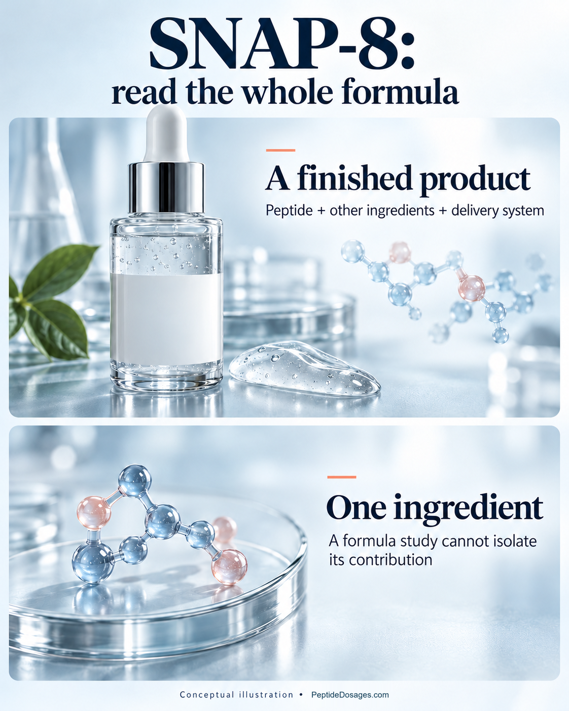 Conceptual comparison of a complete cosmetic formula with a single ingredient, explaining why a combination study cannot isolate SNAP-8's contribution.