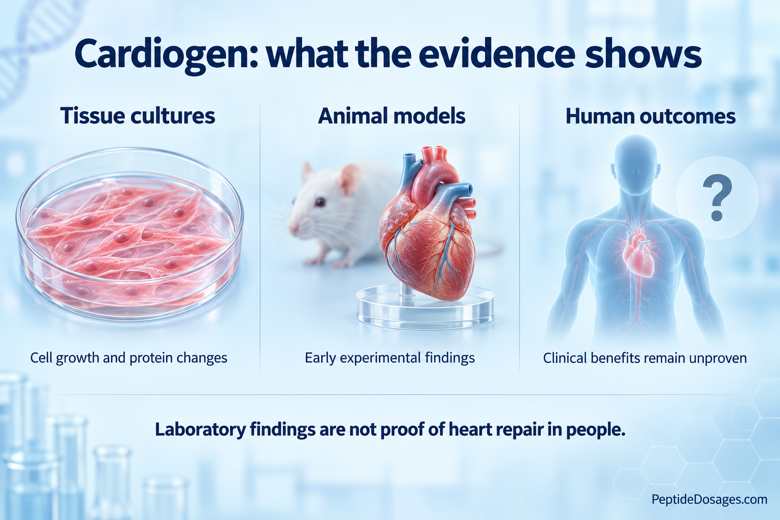 Cardiogen evidence graphic distinguishing tissue-culture findings, animal experiments and unproven human clinical benefits.