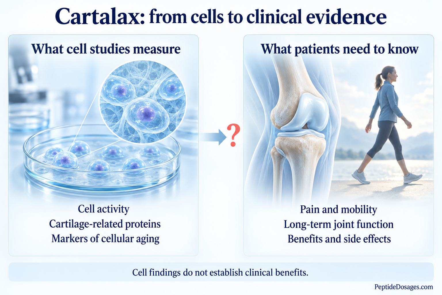 Cartalax research infographic: cell activity and cartilage-related proteins are different outcomes from pain, mobility, long-term joint function and side effects.