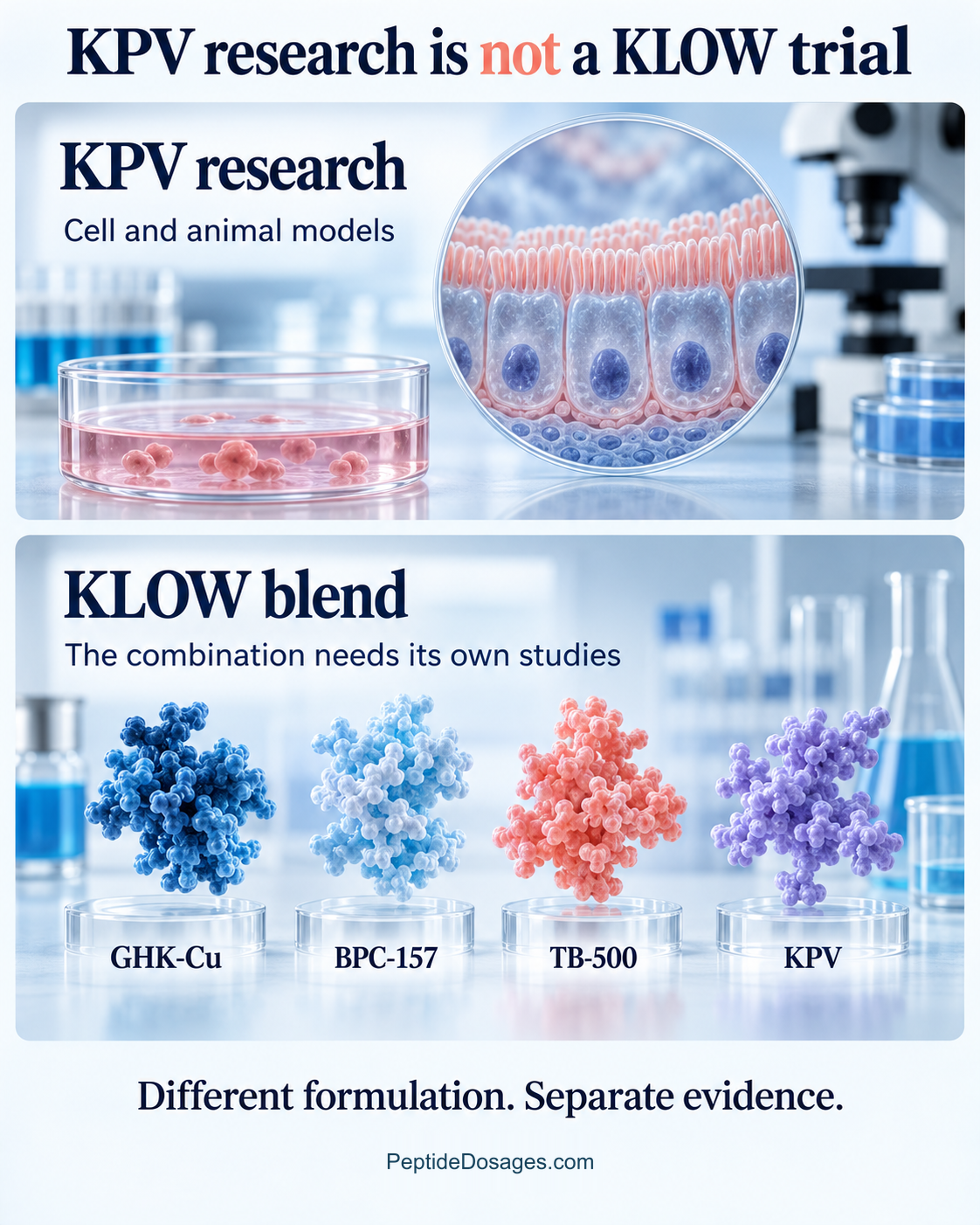 Conceptual comparison of KPV cell and animal research with the separate evidence needed for the four-ingredient KLOW blend.