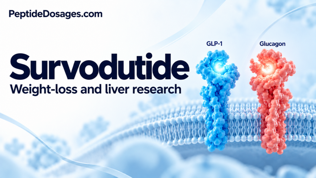 Survodutide weight-loss and liver research, with GLP-1 and glucagon receptor illustrations.