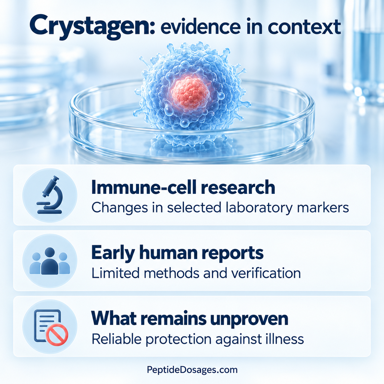 Crystagen evidence illustration separating immune-cell findings, limited early human reports and unproven protection against illness.