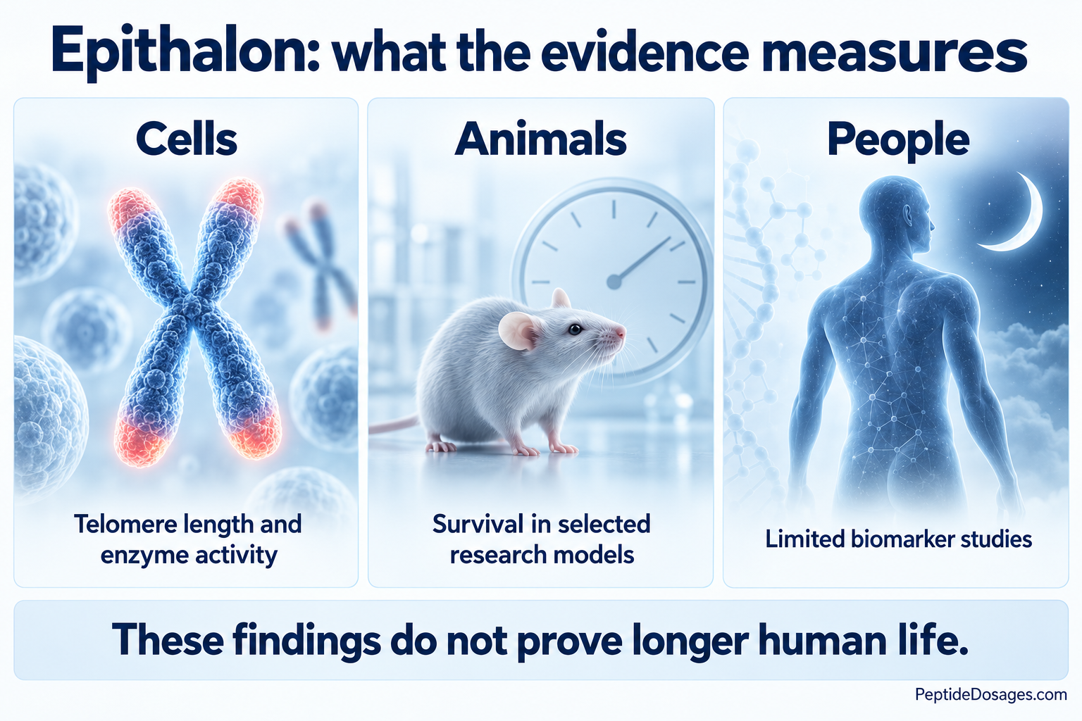 Epithalon evidence map separating cell telomere measurements, animal survival experiments and limited human biomarker studies.