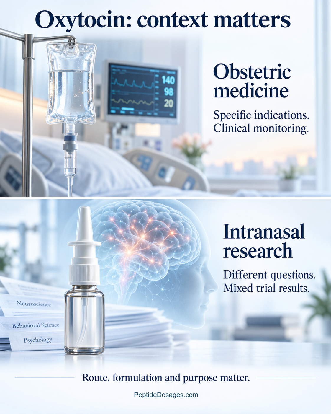 Conceptual comparison of monitored obstetric oxytocin medicine with intranasal research involving different questions and mixed trial results.