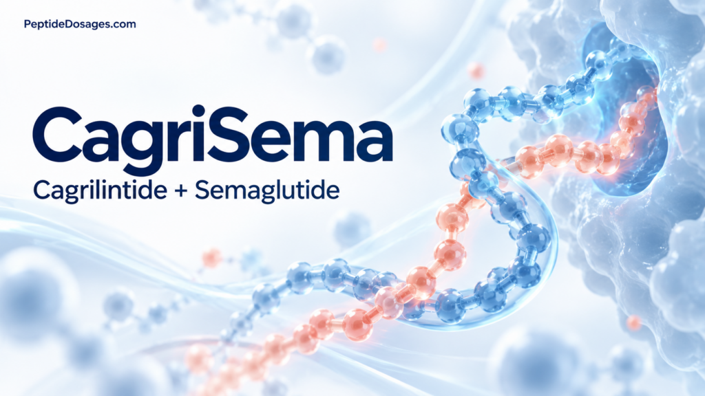 Cagrilintide and semaglutide research overview in blue and coral.