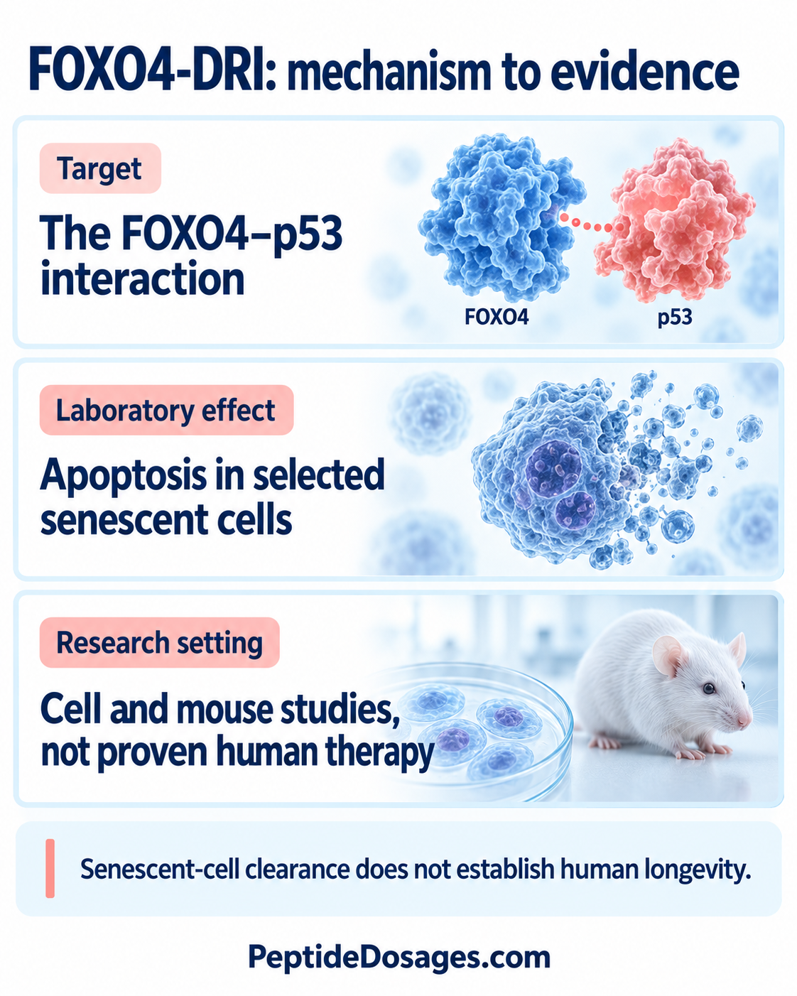 FOXO4-DRI targets the FOXO4-p53 interaction in experimental senescent-cell research; this does not establish human longevity benefit.