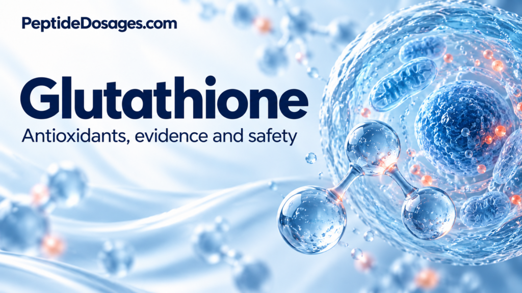 Glutathione antioxidant research illustration with a molecular model and cellular imagery.