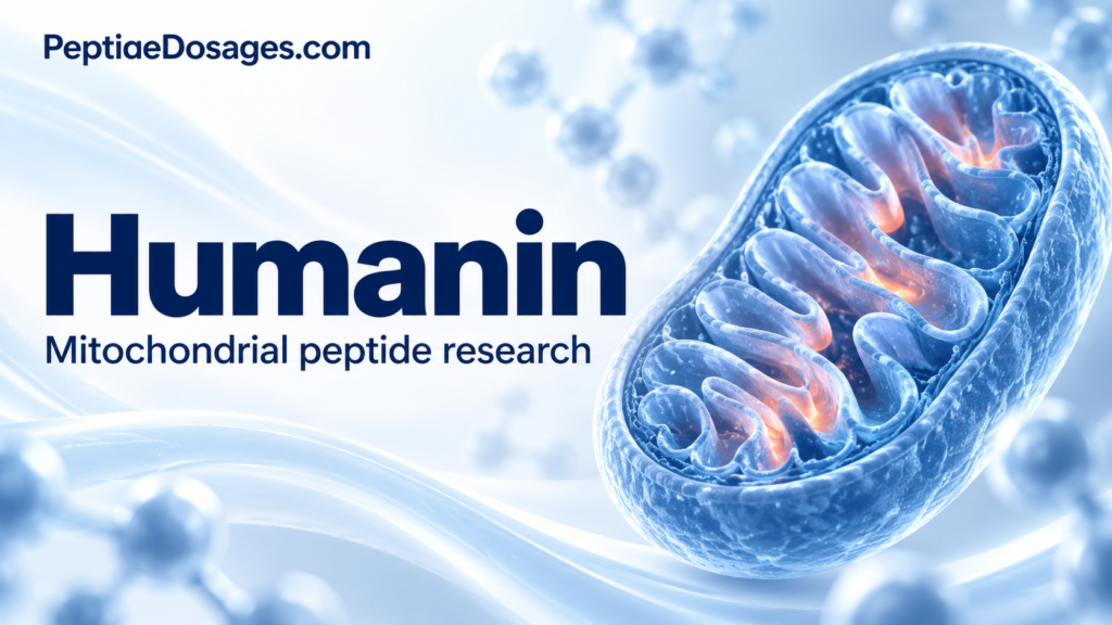 Humanin peptide research illustration showing mitochondria and cellular signaling.