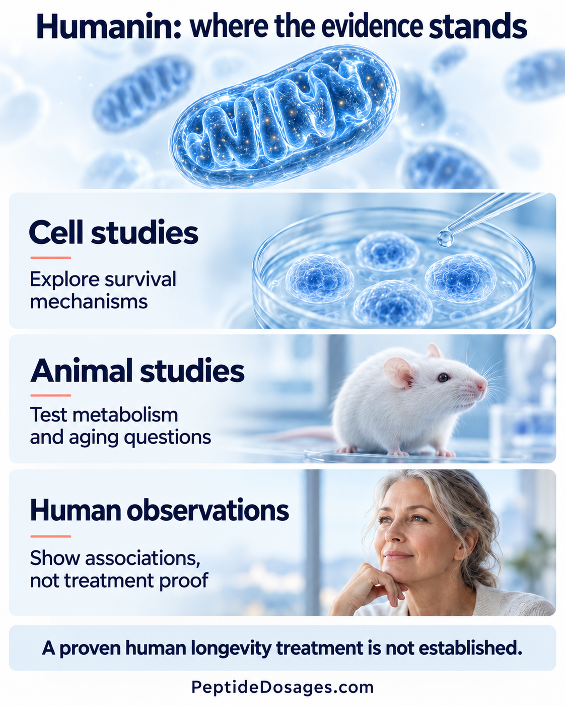 Humanin evidence includes cell mechanisms, animal experiments and human associations, with a gap before proven treatment benefits.