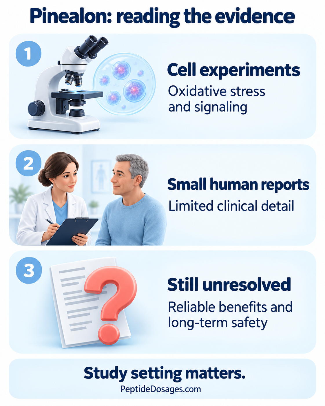 Pinealon evidence: cell experiments, small human reports, and clinical questions still unresolved.