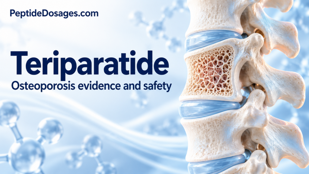 Teriparatide osteoporosis evidence and safety with a conceptual vertebral bone illustration.