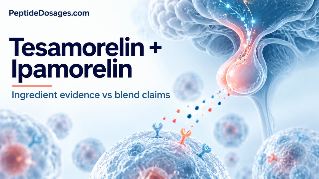 Tesamorelin and ipamorelin ingredient evidence versus blend claims, with conceptual hormone signaling artwork.