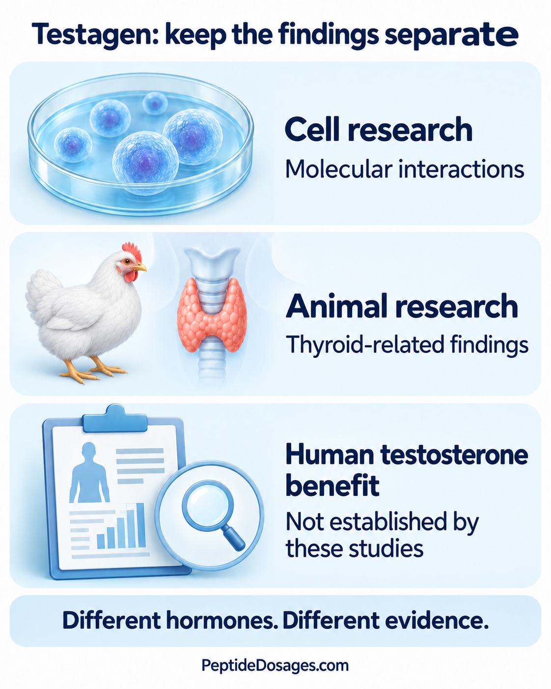 Testagen evidence: cell research and animal thyroid findings do not establish testosterone benefits in people.