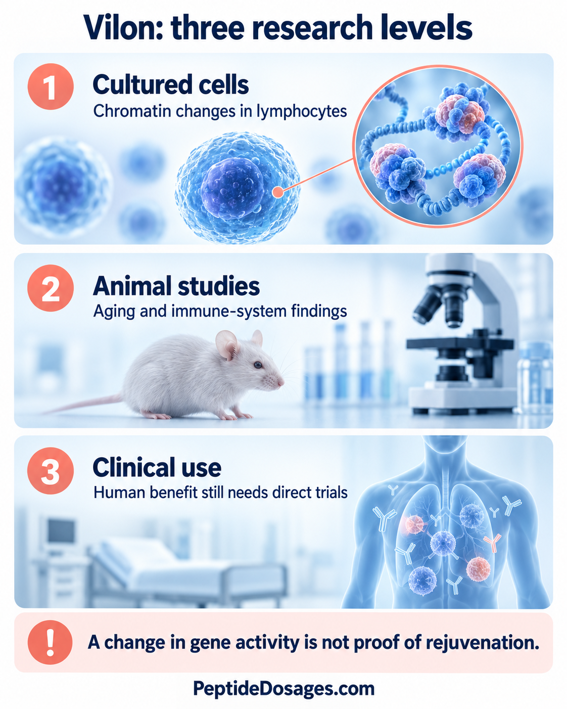 Vilon research distinguishes cultured-cell chromatin changes, animal findings and the need for direct human clinical evidence.